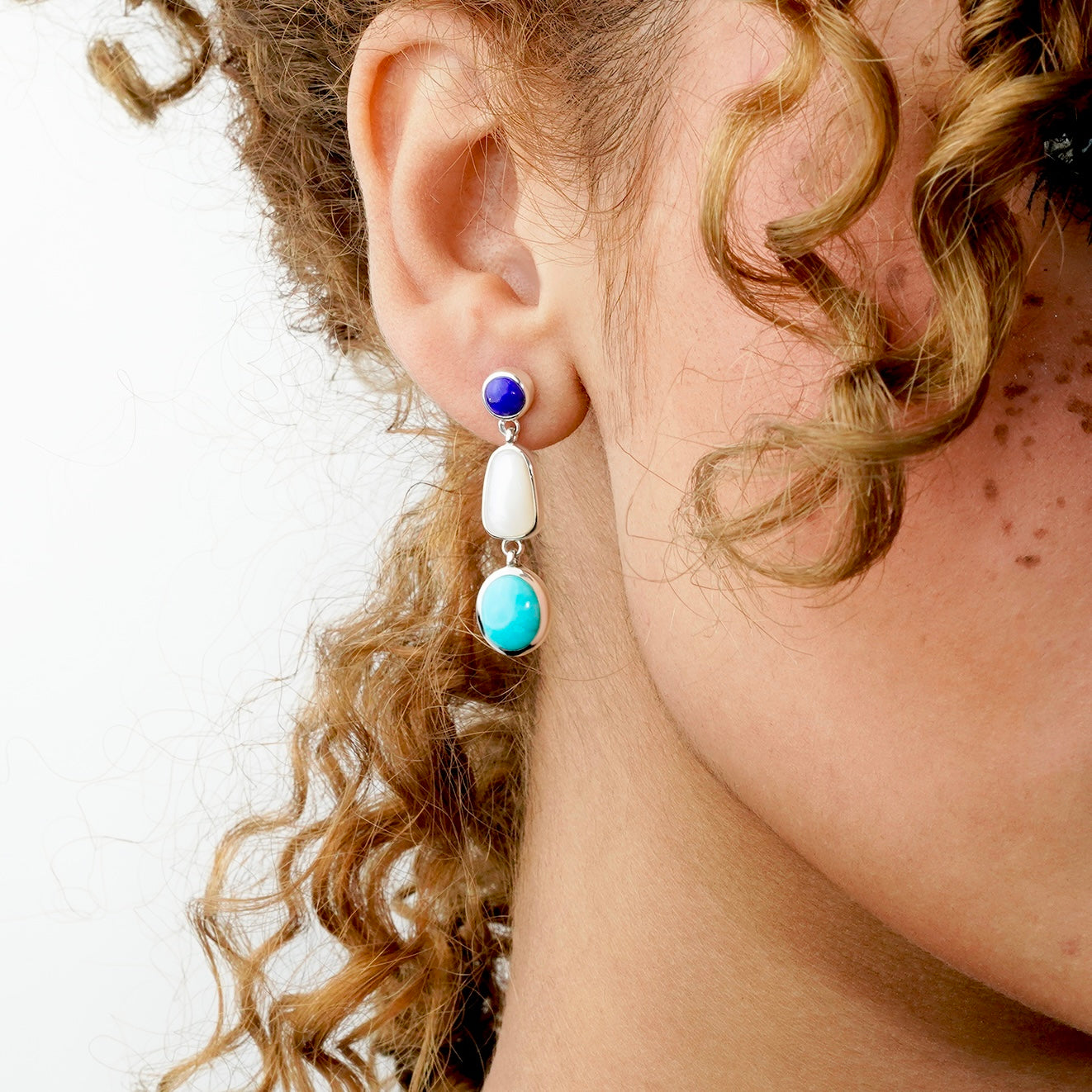 Colorful Life Drop Earrings, Sterling Silver, Turquoise, Lapis Lazuli, Mother of Pearl